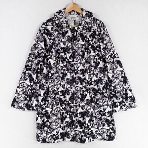 CJ Banks Jacket Shacket Women Sz 1X Black White Floral Button Up Pockets Stretch